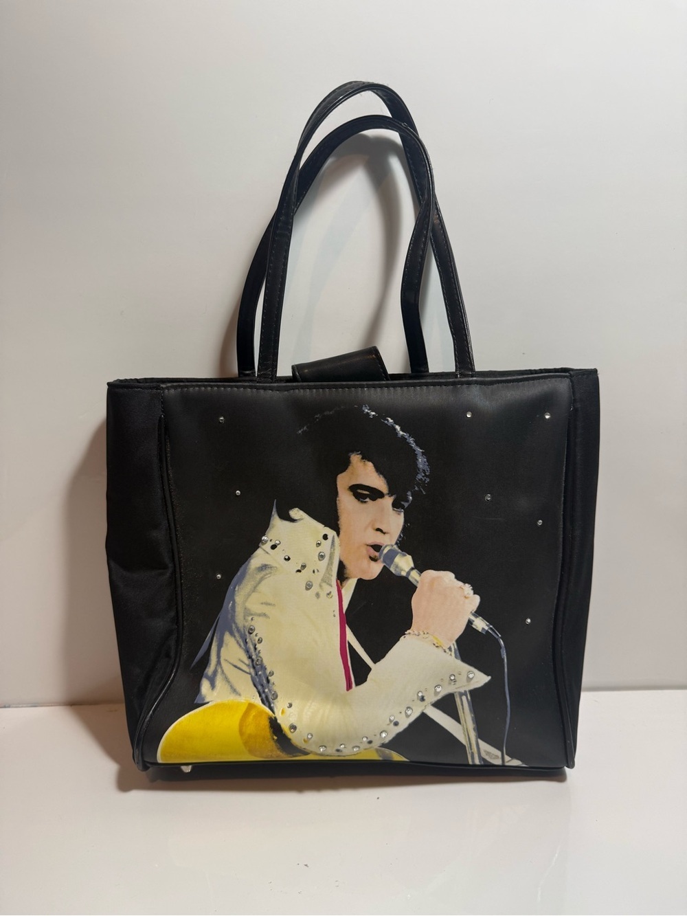 Elvis Presley Tote Handbag Black, Nylon, Rhinestones, 2 Pockets, Silver Feet